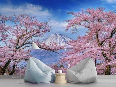 3D Fuji Mountain Cherry Blossoms Self-adhesive Removeable Wallpaper Wall Mural
