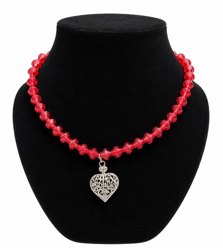 Red Faceted Crystal Beaded Necklace Gold Tone Filigree Heart Pendant Romantic