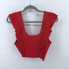 Bebe Crop Top Ruffle Shoulder Medium Red Womens Ribbed Knit Square Neck Sexy
