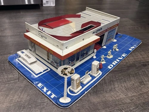 vintage 1960s Marx SEARS Allstate Service Gas Station Tin Litho 26" x 15” x 6”
