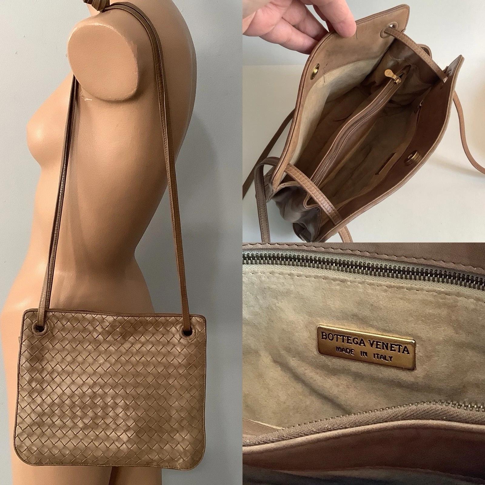 Bottega Veneta — Vintage Bottega Veneta Intrecciato Leather Crossbody Bag Purse Beige
