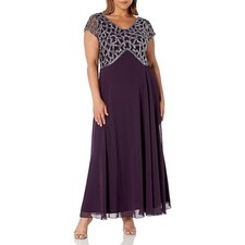NEW J Kara Women's 14 W Sort Sleeve Geo Long Beaded Formal Gown Plum Purple