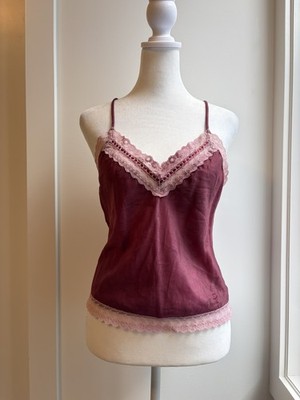Vintage Christian Dior Lace Camisole Top Burgundy Pink Trim Y2K Size S
