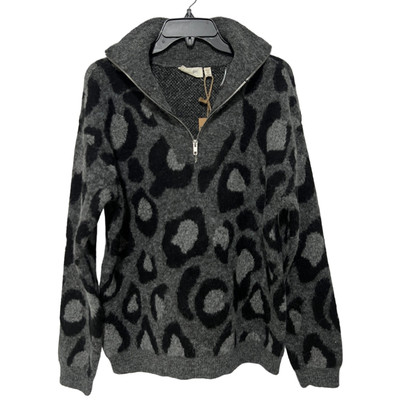 RD Style Womens Pullover Sweater Small Gray Black Leopard Animal Print 1/4 Zip