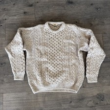 Carraig Donn Aran Ireland Pure Wool Vtg Fisherman Cable Knit Sweater Size Large