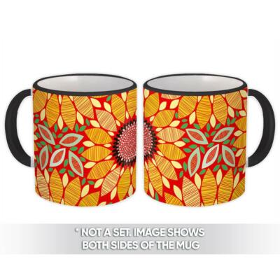 Gift Mug : Graphic Sunflower Design Fabric Pattern Almond Shaped Leaf Geometric