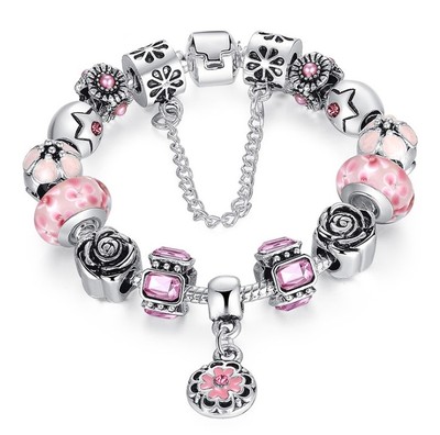 Luxury European Silver Charms Bracelet Chain DIY With Pink Bead Ajustable Gift