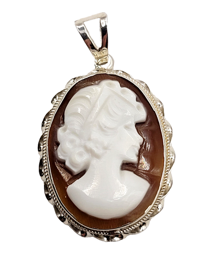 AMEDEO Small Shell Silver Cameo Pendant Young Lady M & M Scognamiglio ITALY - Picture 2 of 16