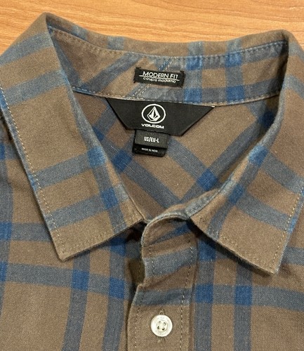 Volcom Men's Flannel Plaid Shirt Long Sleeve Button-Up Brown Blue Size Large - Picture 3 of 5