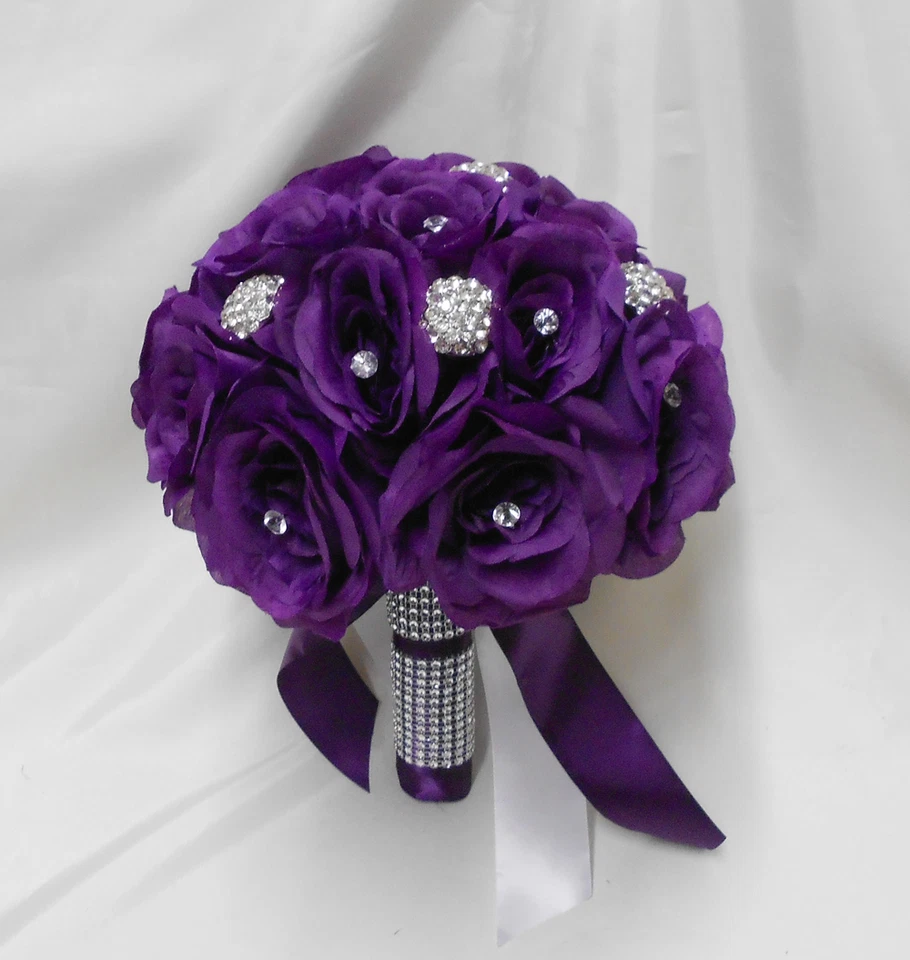 Wedding Silk Flower Bridal Bouquet 2 pieces Bride Groom Purple Eggplant Brooch - Image 3 of 4
