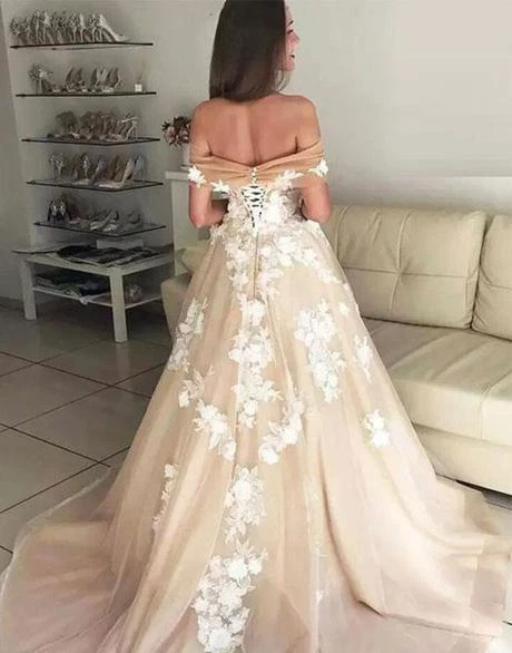 Champagne Beach Boho Wedding Dresses Off the Shoulder Lace Appliques Plus Size - Image 3 of 4