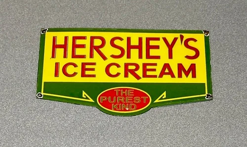 VINTAGE 12” HERSHEY ICE CREAM DAIRY COW PORCELAIN SIGN CAR GAS TRUCK GASOLINE