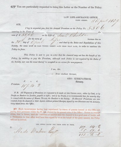 1839 LAW LIFE ASSURANCE SOCy PRINTED LETTER LONDON TO SLADE BAKER £5000 POLICY - Picture 2 of 3