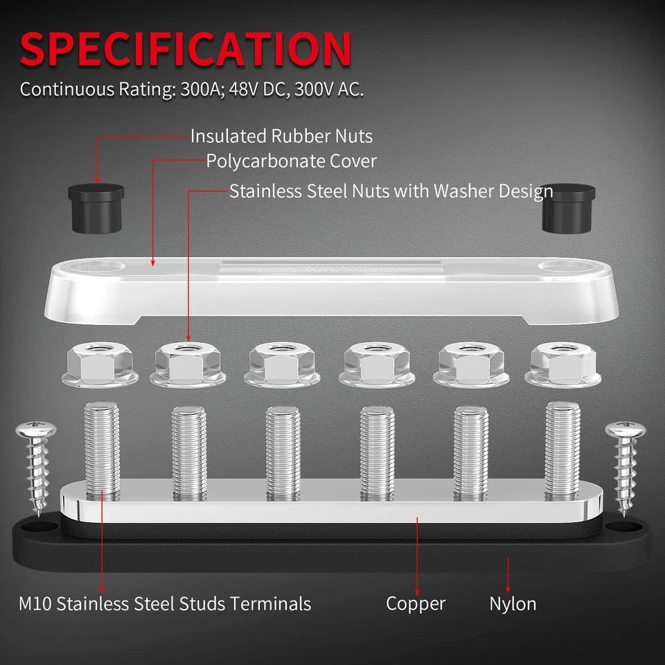 300A Bus Bar 12V Marine 12V Power Distribution Block with Cover 6 X 3/8" (M10) T - Image 4 of 4
