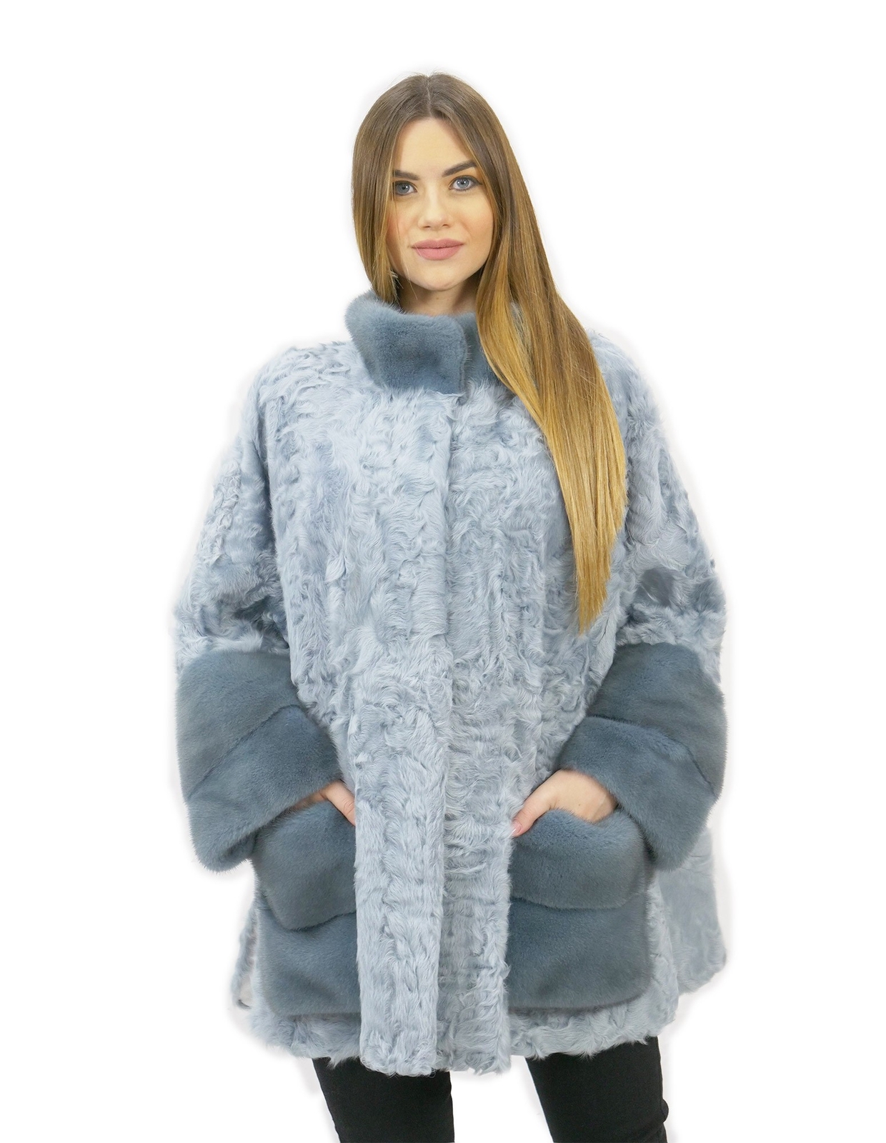 Persian cape with aquamarine mink trim size 50 wing model featuring side slits