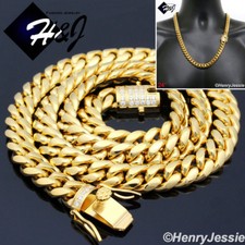 24"MEN Stainless Steel 12mm Gold Plated Icy CZ Miami Cuban Curb Necklace GN158