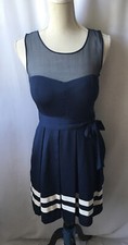 GUESS Los Angeles Navy Blue Illusion Dress Pleat Stripe Padded Cup Self Tie Sz 4