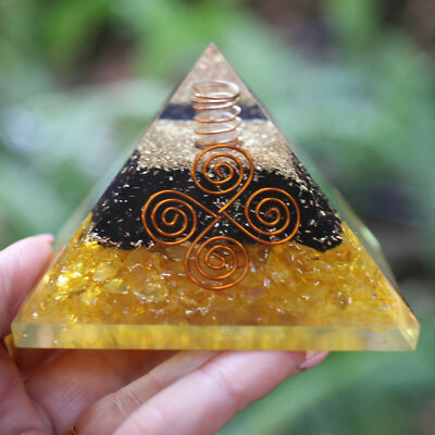 Citrine & Black Tourmaline Orgone Pyramid 4 Coils 75mm EMF 5G Energy Protection