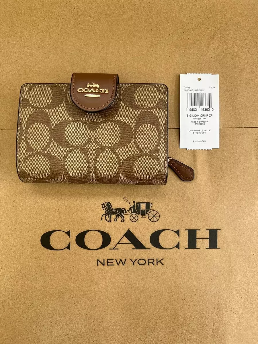 NWT Coach Medium Corner Zip Wallet In Signature Canvas IM/KHAKI/SADDLE2