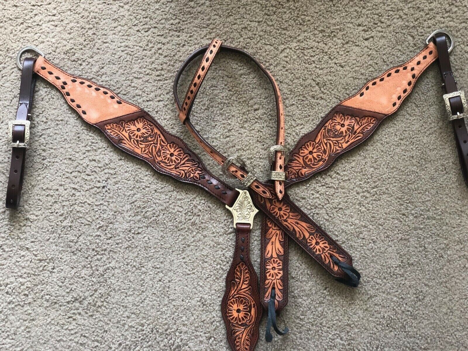 Ensemble De Tête Western Bling En Cuir Marron - Pierres Cristal Bleu & Blanc, Neuf