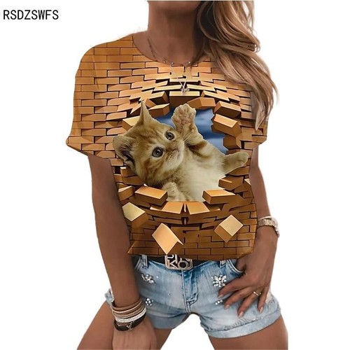 18-20/Plus size Modern 3D Print Golden Cat T-Shirt Short Sleeve Loose Top Blouse - Picture 2 of 2