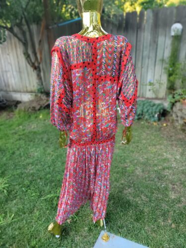 VINTAGE DIANE FRES DRESS Boho Floral Pleated Georgette Red Large - Picture 10 of 13