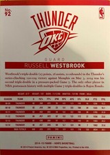 Russell Westbrook NBA Hoops 14-15 #92 Red Back Oklahoma City Thunder