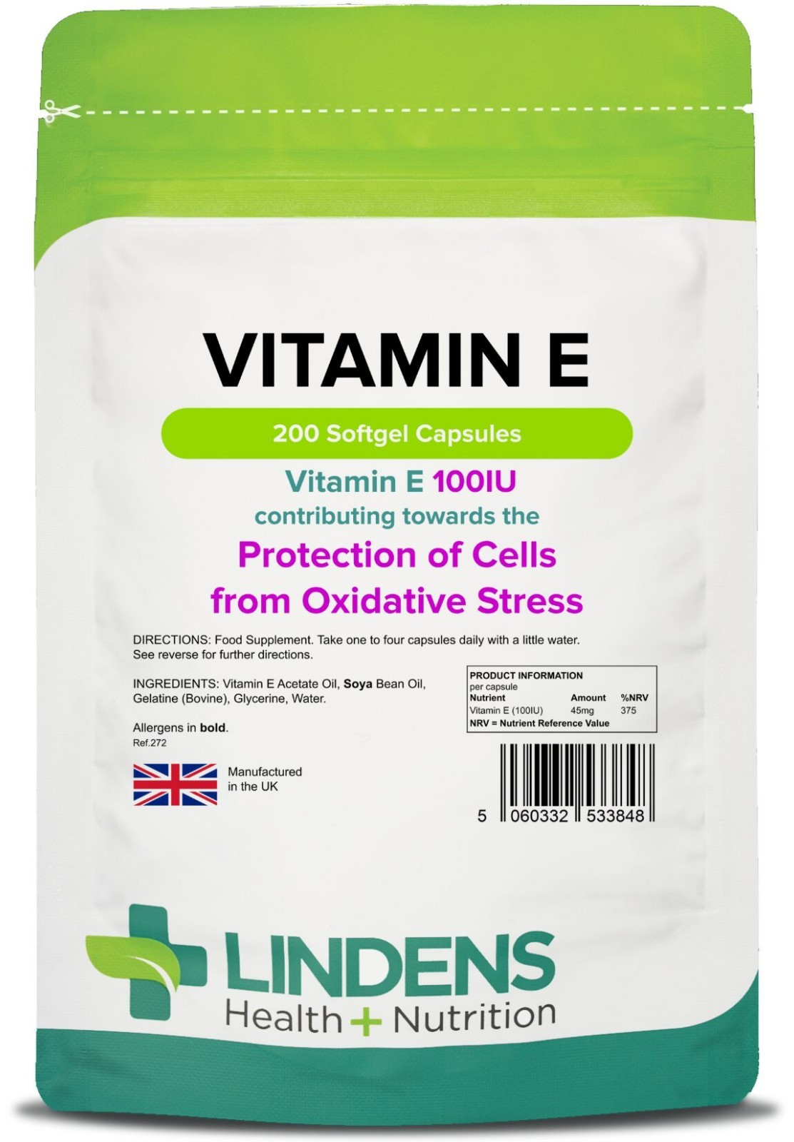 Vitamin E 100IU x 200 Capsules; Antioxidant; Lindens