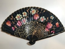 Vintage Spanish Ladies Hand FOLDING FAN Wood Handpainted Black Floral SPAIN NEW