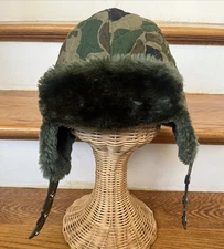 VTG Woodland Camo Trapper Bomber Hunting Hat XL YoungAn Korea Faux Fur Ear Flaps