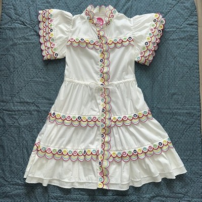 Celia B Marilla Small Mini Tiered Dress White W/Colorful Scalloped Embroidery