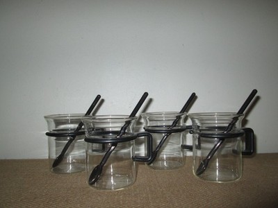 Vintage BODUM 4 Espresso Bistro Cups & Spoon Set Capt Picard Glass 8 oz Mugs