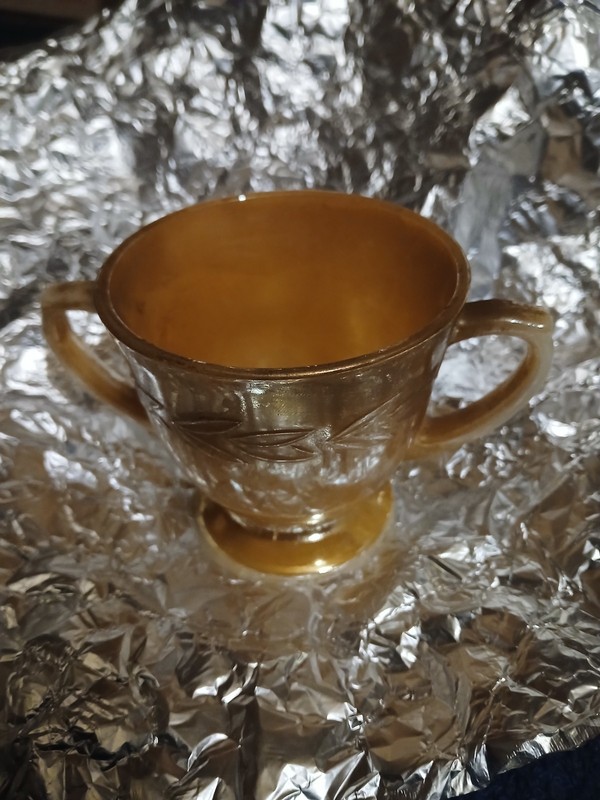 Vintage Marigold Carnival Glass Footed Double-Handled Sugar Bowl Leaf Pattern Lu
