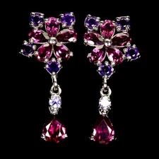 925 Sterling Silver Earrings Pear Rhodolite Garnet Tanzanite Gemstone Jewelry
