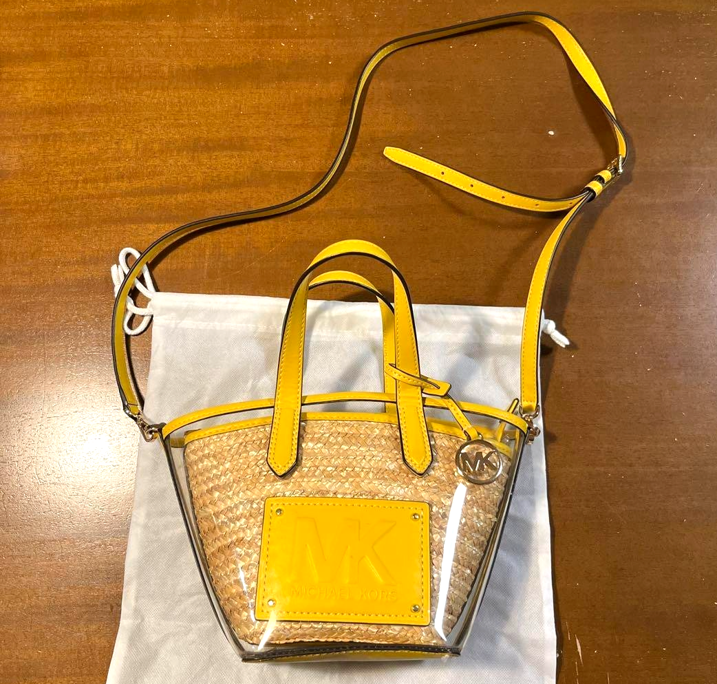 Michael Kors Kimber 2-in-1 Mini Tote Crossbody Bag in Yellow Straw with Charm