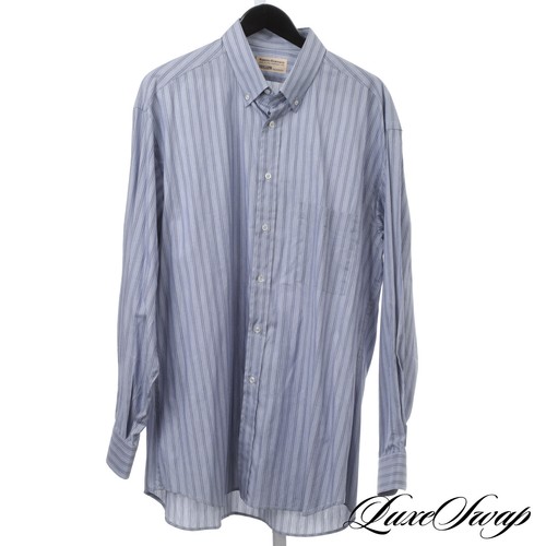 LOT X2 Mariano Rubinacci Made Italy Blue Grey Striped Check Button Down Shirt IV - Picture 5 of 9