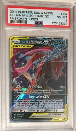 2019 Pokemon Unbroken Bonds PSA 8 Greninja & Zoroark GX Tag Team HOLO #107 - Picture 1 of 2