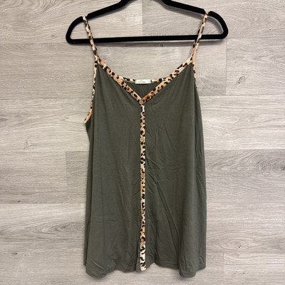 E. Luna Women  Sleeveless Top Straps Leopard Trim Faux Button Up Green Size Lg