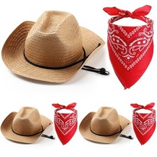 Cowboy Hats Set of 3 with Red Bandanas - Classic Western Cowboy Party Khaki