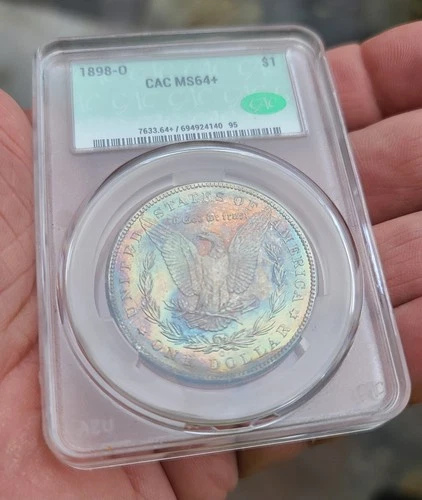 1898-O Morgan CAC MS64+  reverse mount Eye Candy rainbow toner
