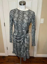 Michael Kors Black & White Snakeskin Print Faux Wrap Buckle Dress, Size S