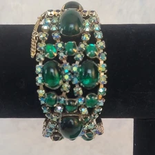 Alice Caviness Wide Green Cabochon Glass Crystal AB  Rhinestones Bracelet EUC