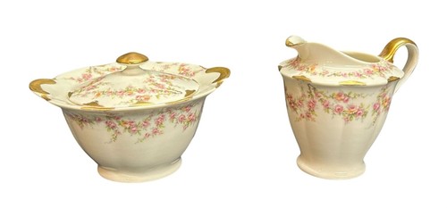 Theodore Haviland Varenne Sugar Bowl & Creamer Set Pink Floral & Gold Trim Vtg