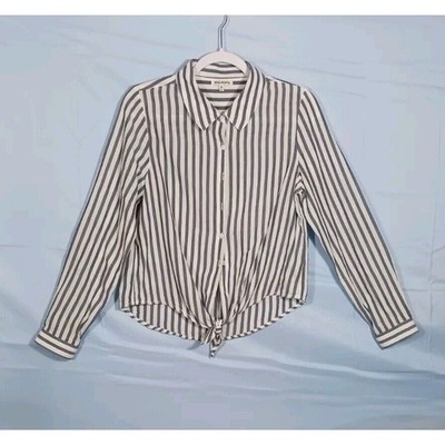Rag Poets Women's Medium Striped Long Sleeve Button Up Front Tie Blouse Cotton