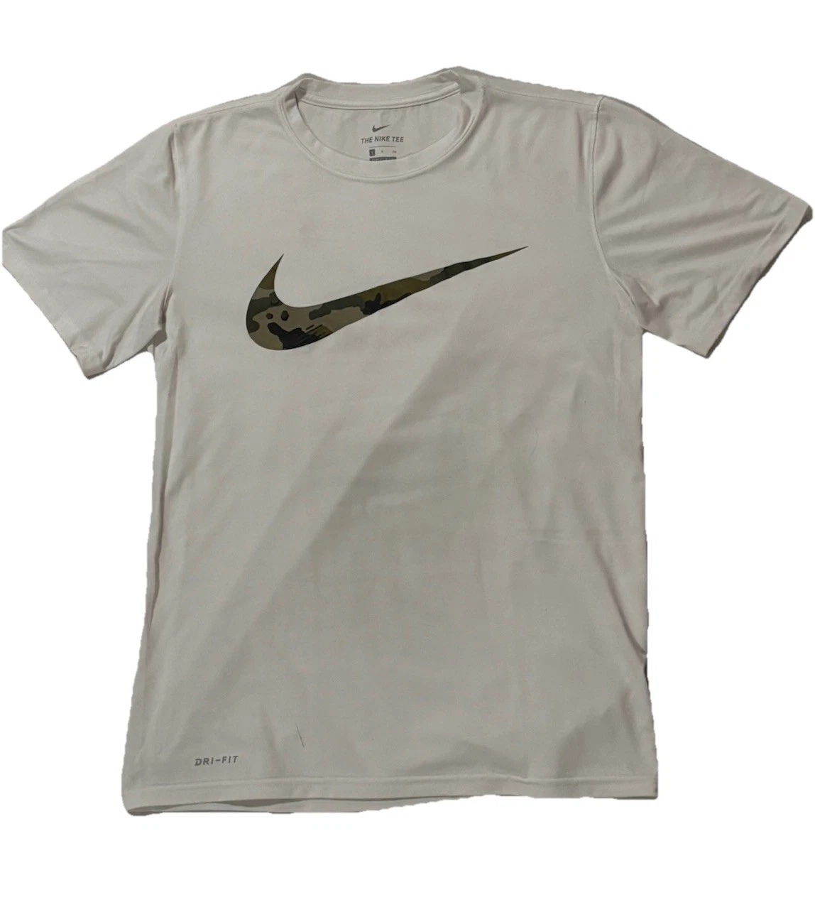 NIKE DRI-FIT Men’s White SS T-Shirt Green Camo Center Swoosh, Men’s SZ.small
