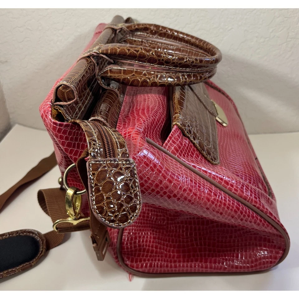 Samantha Burgundy Brown Faux Croc Embossed Weekender Carry On Dowel Travel Bag - Image 4 of 4