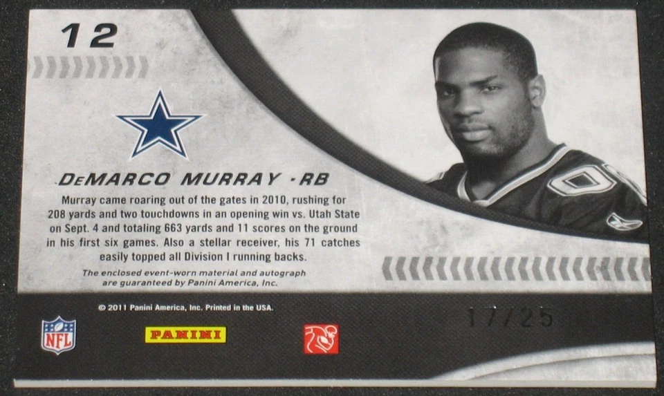DeMarco Murray 2011 Donruss Elite Autograph Jersey Rookie (17/25) Dallas Cowboys - Image 2 of 2