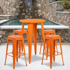24'' Round Orange Metal Indoor-Outdoor Restaurant Bar Table Set w/4 Barstools