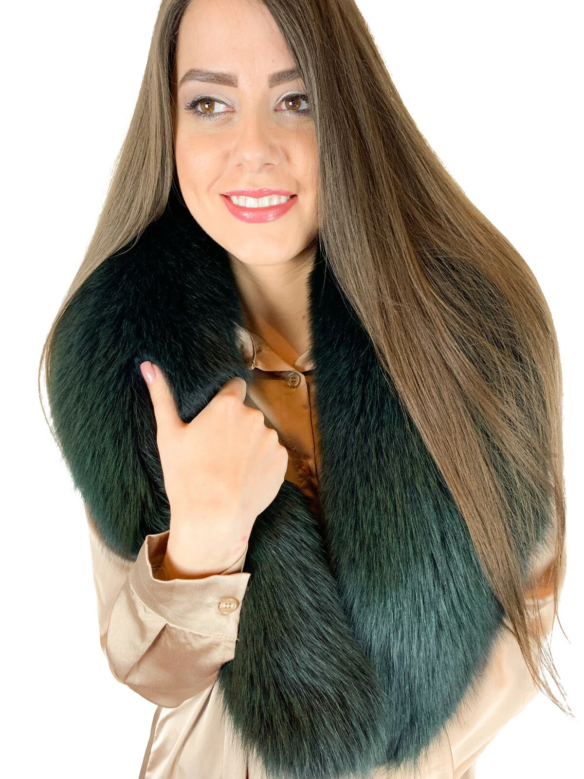 Natural Finn Fox Fur Collar 47' (120cm) Dark Green Saga Fur Big Scarf Stole