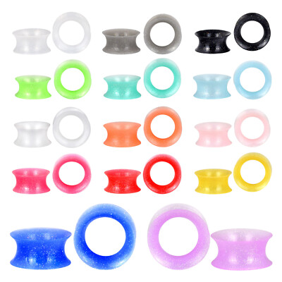 2PC Thin Silicone Double Flared Ear Flesh Tunnels Gauges Plugs with Gold Glitter